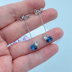 I Love You Mom Sterling Silver Sapphire Drop Earrings